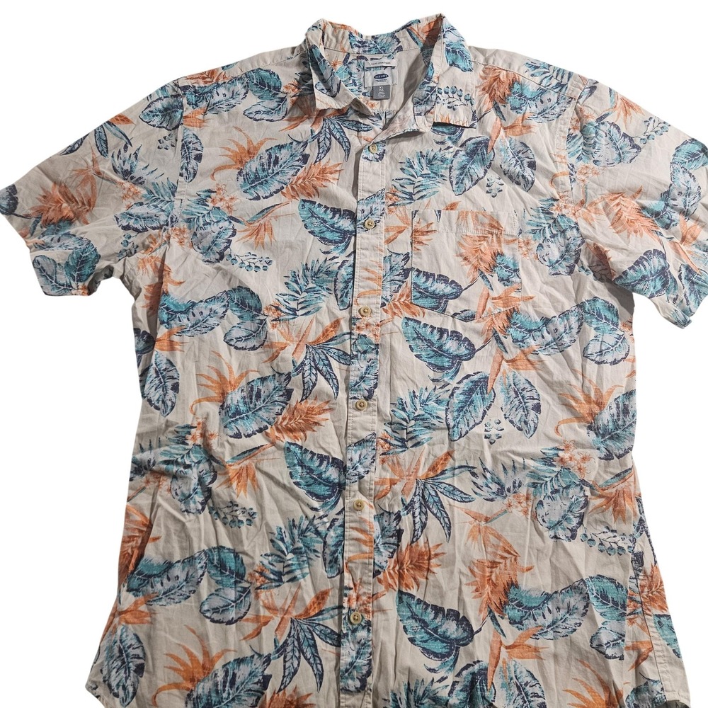 Old Navy Shirt Mens XL Tall Multicolor Floral Hawaiian Button Up‎ Slim Fit